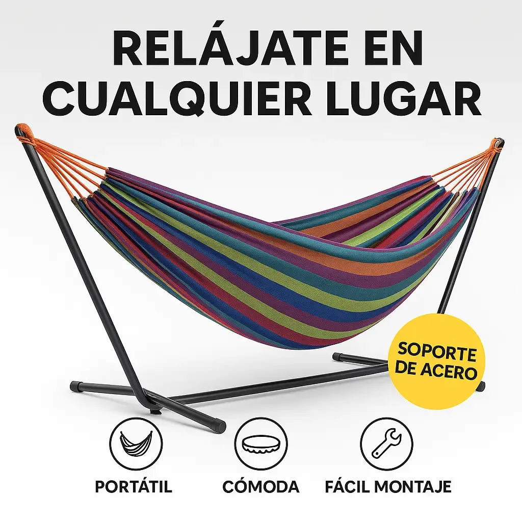 RelaxMax™ – Kit de 8 Hamaca Tela algodón Premium Tropical con Soporte de Acero y Ultra Confort