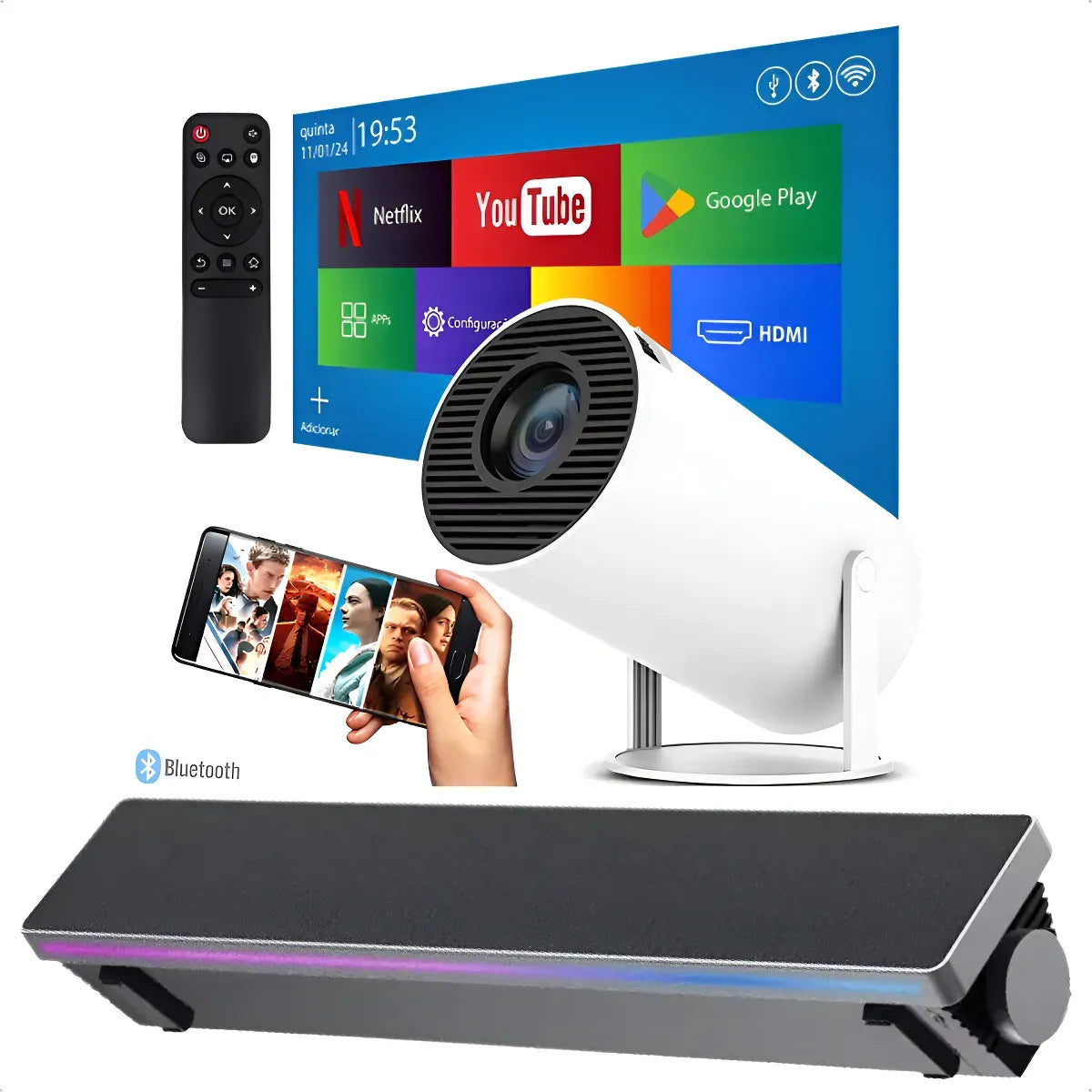 Mini Proyector 4K Ultra HD + Barra de Sonido Bluetooth